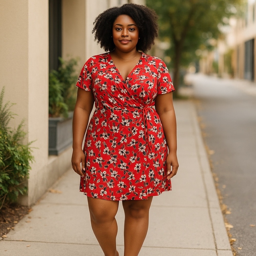 Red Leota plus size faux wrap red floral dress, EUC.